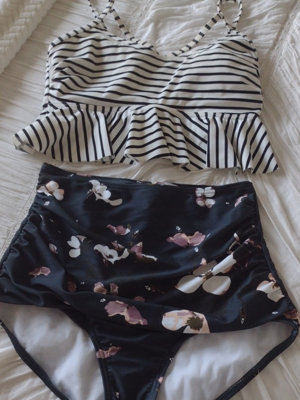 Striped Peplum Bikini Top with Black Floral High-Waist Bottoms Size Small